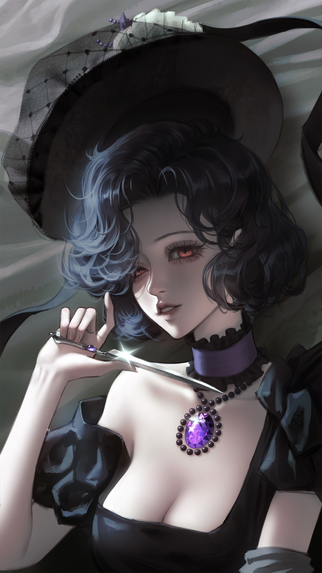 tuesday (reverse:1999), reverse:1999, artist request, commission, highres, second-party source, 1girl, alternate costume, black dress, black hair, black hat, breasts, choker, cleavage, dress, frilled choker, frills, gem, glint, hand up, hat, holding, holding knife, jewelry, knife, parted lips, pendant, purple choker, purple gemstone, red eyes, single bare shoulder, single off shoulder, solo