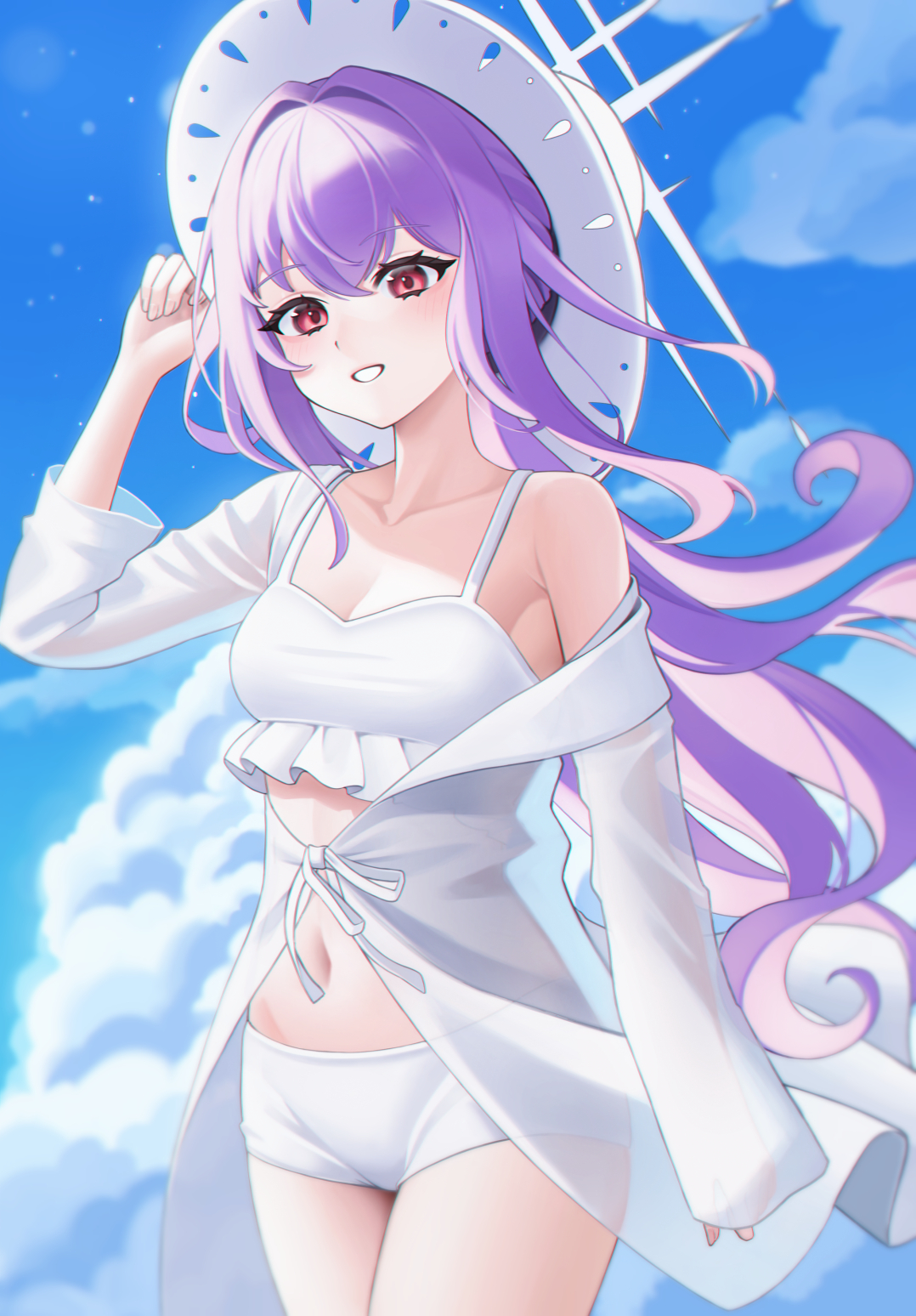 poyih, atsuko (blue archive), atsuko (swimsuit) (blue archive), blue archive, highres, 1girl, bikini, cross halo, frilled bikini, frills, halo, hand on headwear, hat, jacket, official alternate costume, purple hair, see-through clothes, see-through jacket, solo, sun hat, swimsuit, white bikini, white halo, white hat