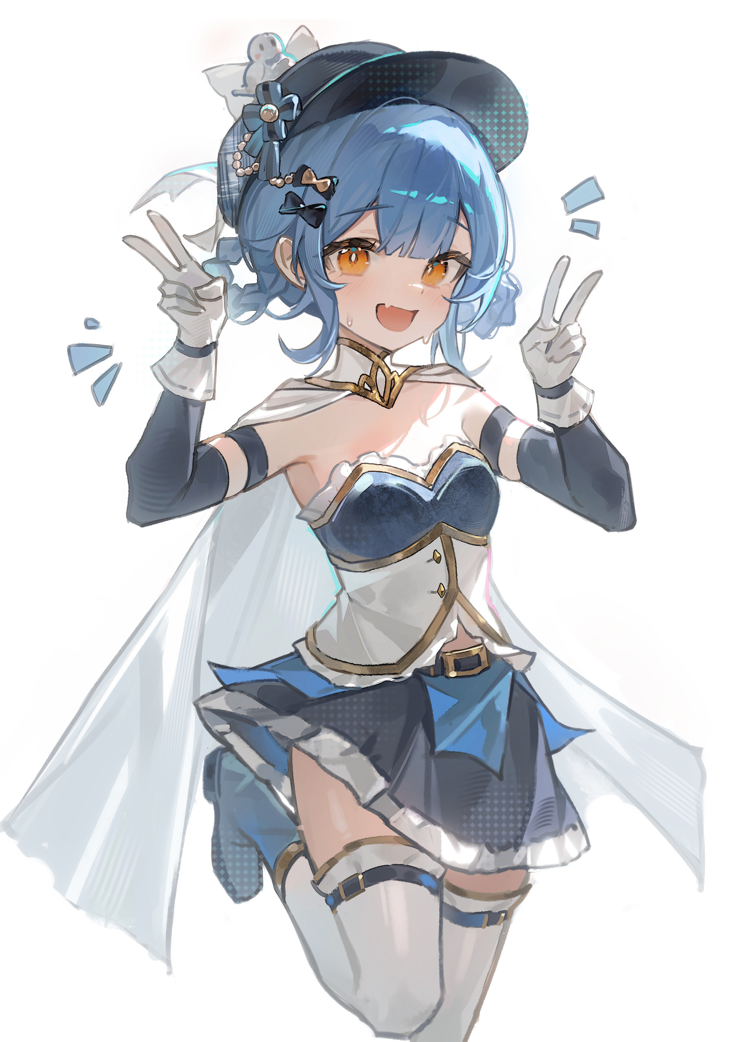 miki sayaka, miki sayaka (magical girl), tachibana sherry, mahou shoujo madoka magica, mahou shoujo madoka magica (anime), mahou shoujo no majo saiban, absurdres, highres, 1girl, :d, belt, black hat, blue boots, blue hair, blue skirt, boots, braid, braided hair rings, breasts, cape, cosplay, detached sleeves, double v, fuyou flo, gloves, gold trim, hair rings, hands up, hat, looking at viewer, magical girl, miki sayaka (cosplay), miniskirt, open mouth, shirt, short hair, simple background, skirt, small breasts, smile, solo, standing, strapless, strapless shirt, thighhighs, v, white cape, white gloves, white thighhighs, yellow eyes