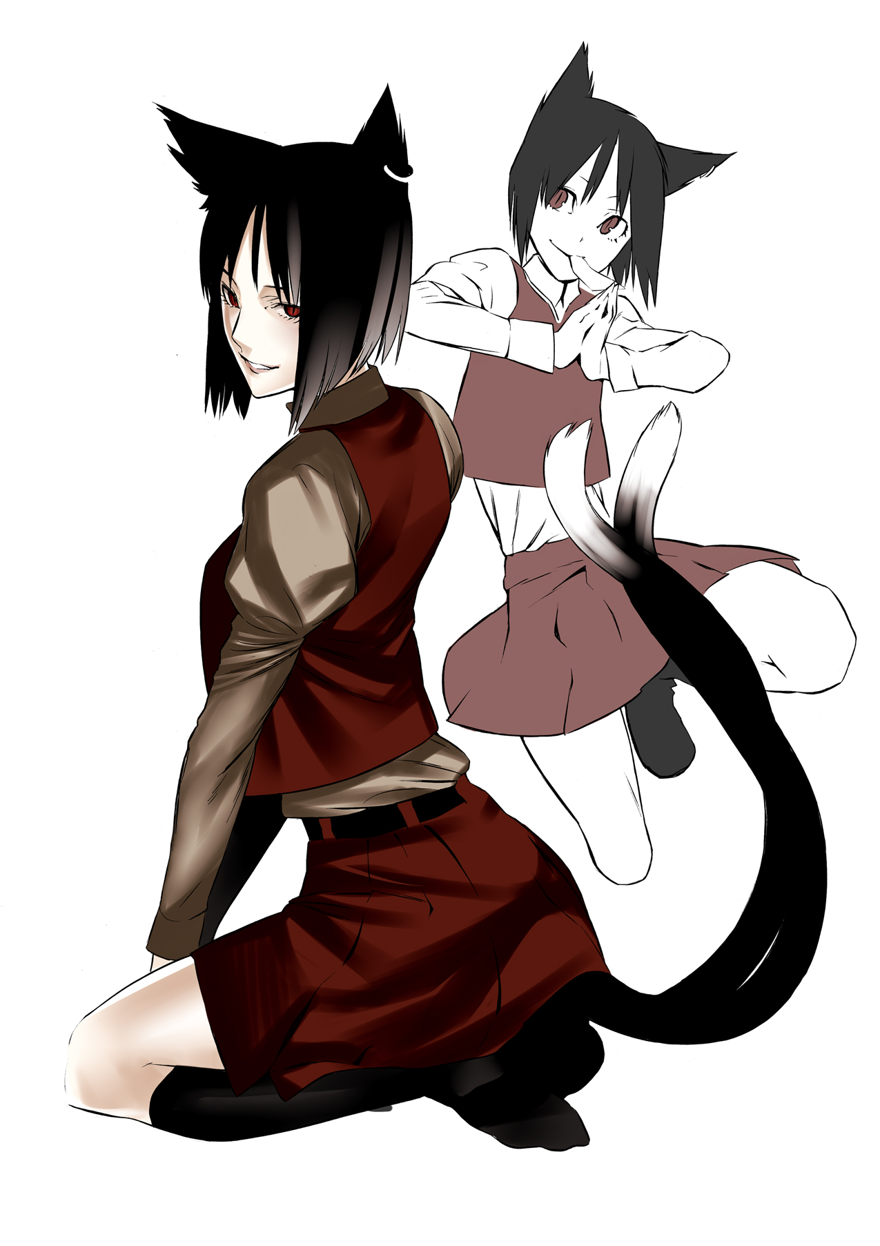 onigunsou, chen, touhou, highres, 1girl, aged up, animal ears, black hair, cat ears, cat girl, cat tail, earrings, female focus, jewelry, jumping, kneeling, mouth hold, multiple tails, own hands together, red eyes, socks, solo, tail