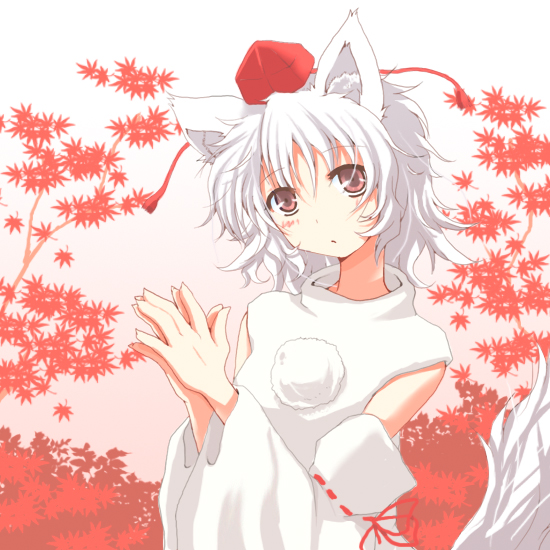 nejime, inubashiri momiji, touhou, bad id, bad pixiv id, 1girl, animal ears, detached sleeves, female focus, gradient background, hat, plant, red eyes, short hair, solo, standing, tail, tokin hat, white hair, wolf ears, wolf tail