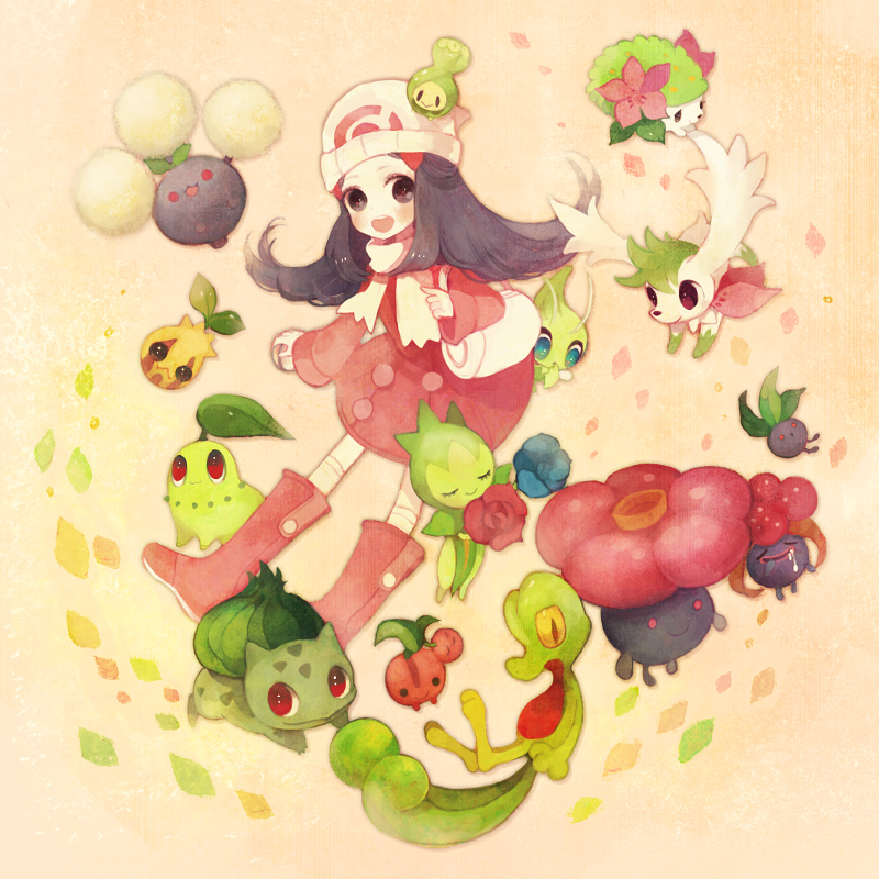 pechika, budew, bulbasaur, celebi, cherubi, chikorita, dawn (pokemon), gloom (pokemon), jumpluff, oddish, roselia (pokemon), shaymin, shaymin (land), shaymin (sky), sunkern, treecko, vileplume, nintendo, pokemon, pokemon dppt, bad id, bad pixiv id, 00s, 1girl, alternate costume, alternate form, beanie, black eyes, black hair, boots, gen 1 pokemon, gen 2 pokemon, gen 3 pokemon, gen 4 pokemon, hat, legendary pokemon, long hair, mythical pokemon, pokemon (creature), winter clothes