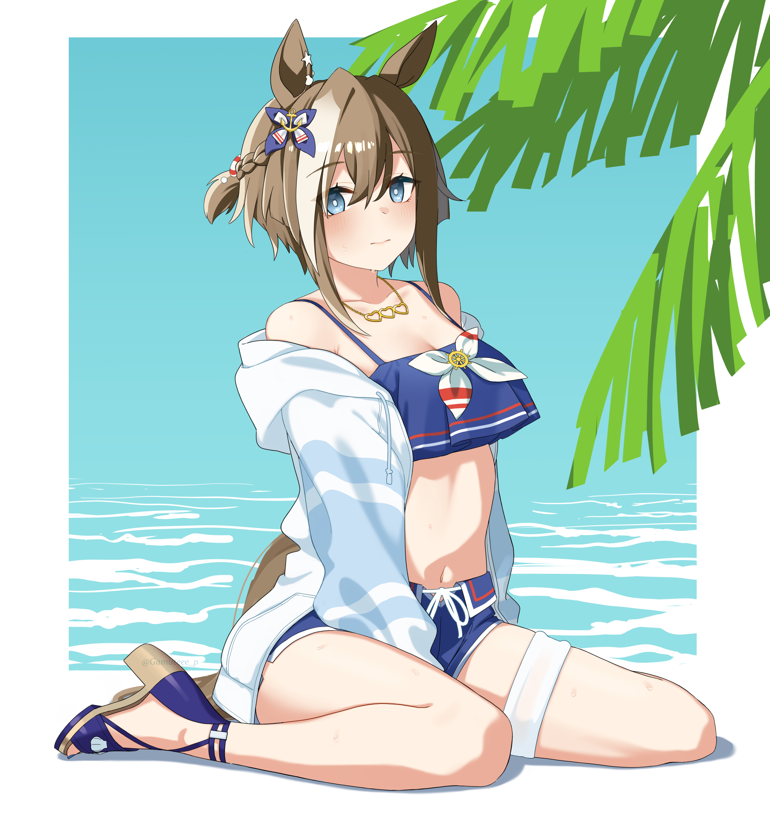tikatetu7facty, cheval grand (summer calm navy drop) (umamusume), cheval grand (umamusume), umamusume, absurdres, commentary request, highres, 1girl, anchor hair ornament, animal ears, bare shoulders, bikini, bikini shorts, blue bikini, blue swim trunks, blush, braid, breasts, cleavage, closed mouth, full body, hair ornament, half up half down braid, heart, heart necklace, horse ears, horse girl, horse tail, jacket, jewelry, looking at viewer, necklace, off shoulder, official alternate costume, official alternate hairstyle, open clothes, open jacket, short hair, short hair with long locks, shorts, sidelocks, sitting, solo, swimsuit, tail, thighs, wariza, white jacket, white streaks