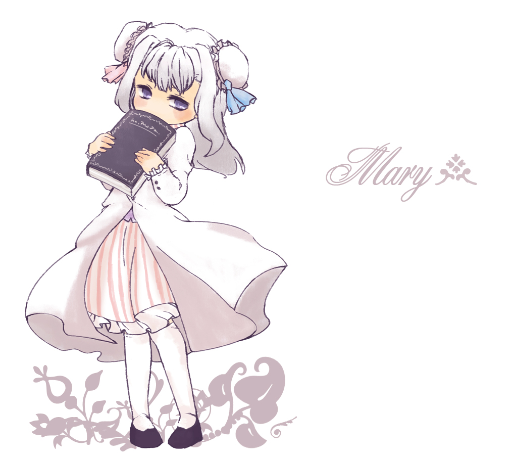 kadotarou, magaki (kof), patchouli knowledge, m.u.g.e.n, snk, the king of fighters, touhou, bad id, bad pixiv id, 1girl, book, bun cover, double bun, female focus, if they mated, purple eyes, short hair, solo, thighhighs, white hair