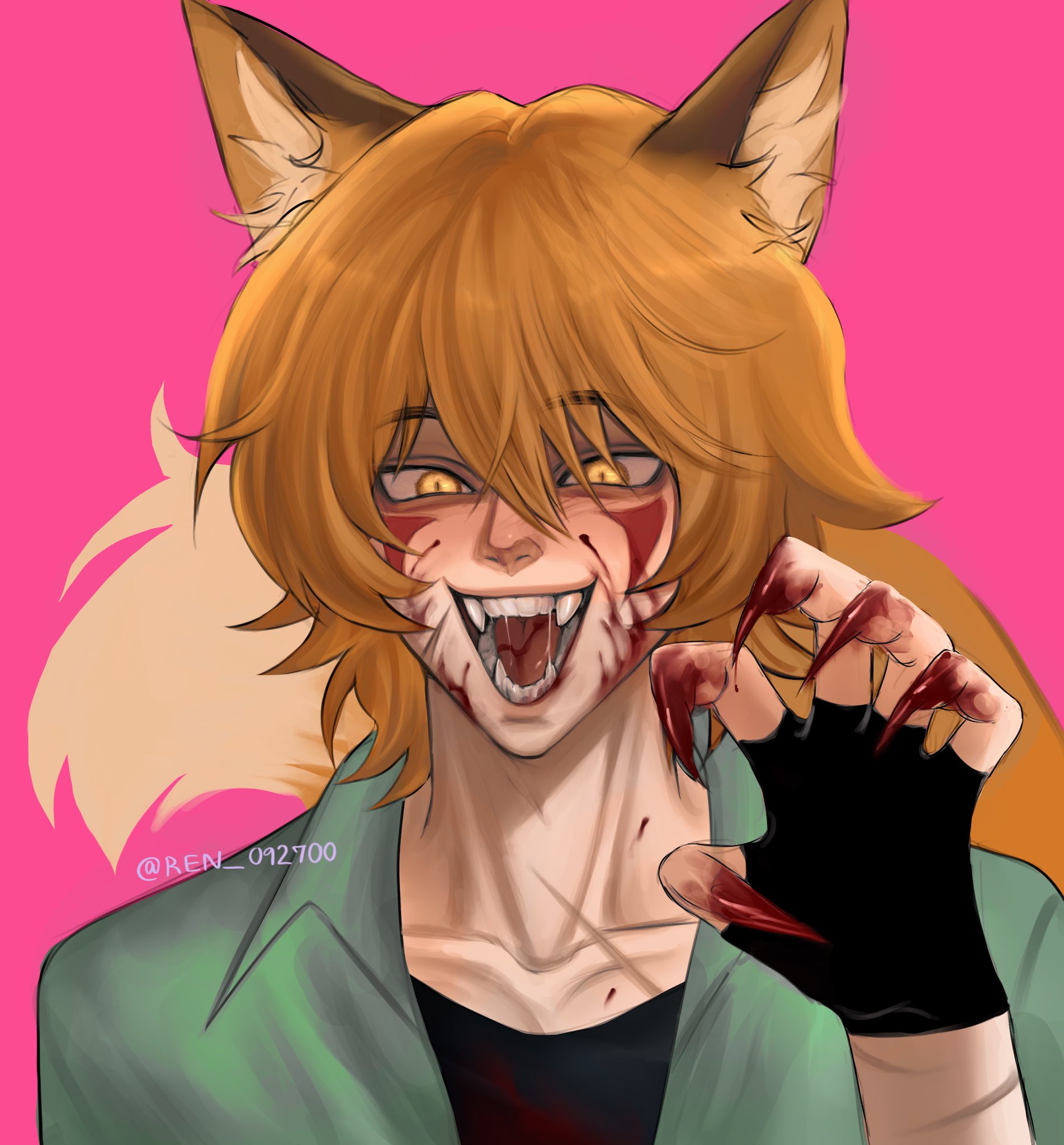 boyfriend to death, commentary, english commentary, highres, 1boy, :d, aegyo sal, animal ears, black shirt, blood, blood on face, blood on hands, brown hair, claw pose, dog ears, dog tail, double-parted bangs, facial mark, fangs, fingernails, green jacket, inkynaru, jacket, kemonomimi mode, looking at viewer, male focus, open mouth, ren hana (boyfriend to death), scar, scar on arm, scar on chest, self-harm scar, sharp fingernails, shirt, smile, solo, tail, upper body, yellow eyes