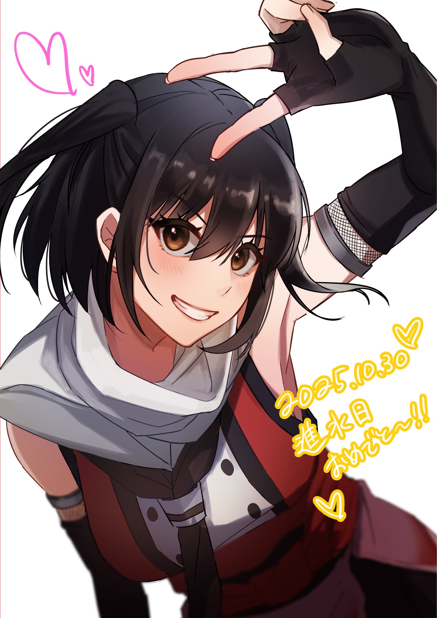 sendai (kancolle), sendai kai ni (kancolle), kantai collection, commentary request, highres, 1girl, black gloves, black hair, black neckerchief, brown eyes, elbow gloves, fingerless gloves, gloves, grin, neckerchief, red shirt, sailor collar, sailor shirt, scarf, school uniform, serafuku, shi ba 1, shirt, short hair, simple background, sleeveless, sleeveless shirt, smile, solo, two side up, upper body, v, white background, white sailor collar, white scarf