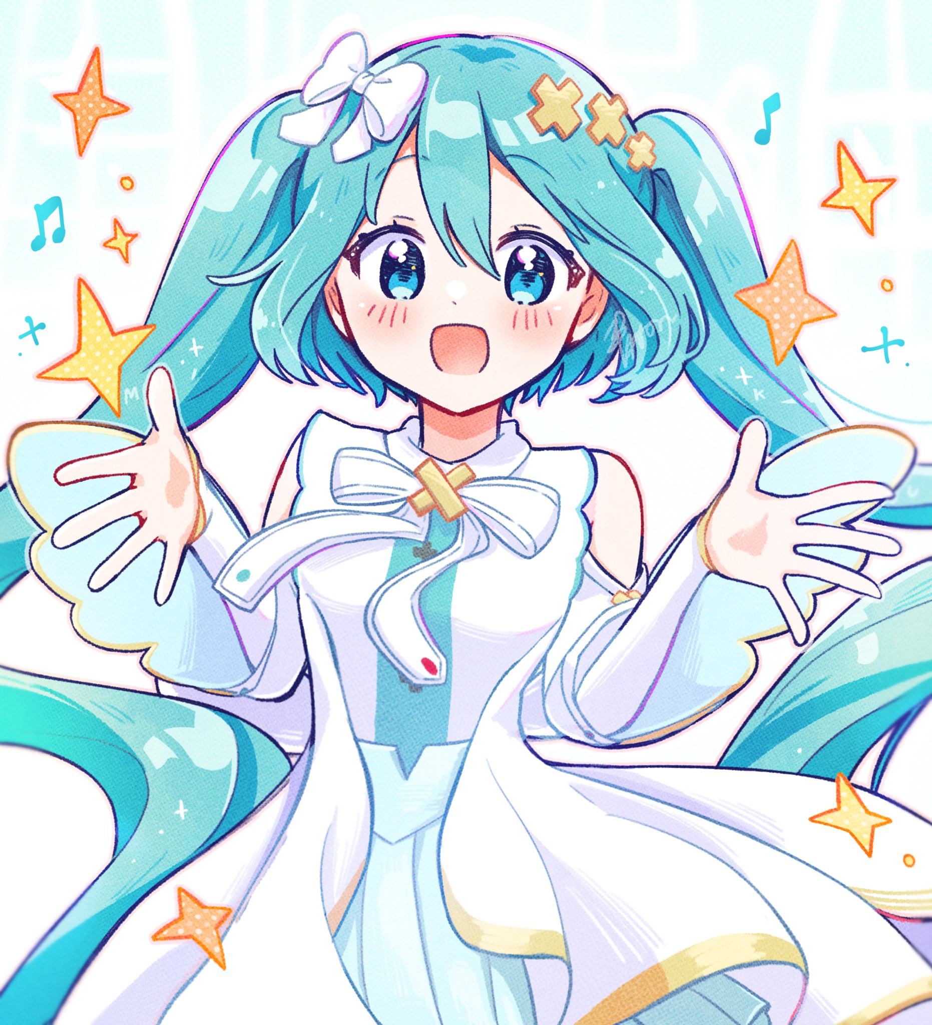 aoiyui, hatsune miku, hiramado miku, kowareta sekai to utaenai miku, project sekai, vocaloid, highres, spoilers, 1girl, aqua eyes, aqua hair, aqua shirt, blush, bow, gold trim, hair between eyes, hair bow, hair ornament, long sleeves, looking at viewer, musical note, official alternate costume, open mouth, pleated skirt, shirt, skirt, sleeveless, sleeveless shirt, smile, solo, white bow, x hair ornament