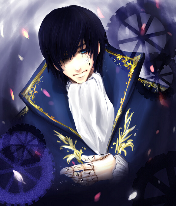 kotomi, kaito (vocaloid), hai wa hai ni (vocaloid), vocaloid, 1boy, black eyes, blue eyes, blue hair, coat, gauntlets, gears, heterochromia, male focus, matching hair/eyes, petals, short hair, solo