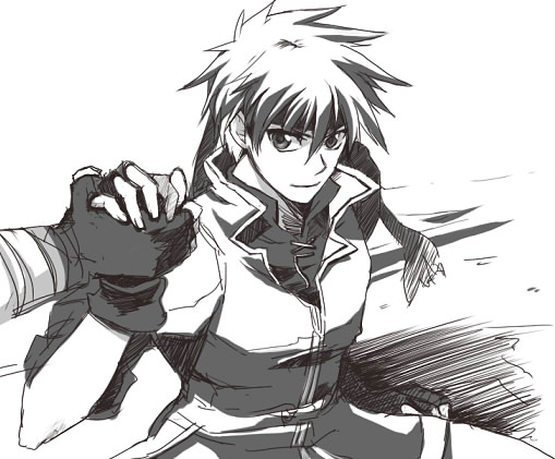 ike (fire emblem), ranulf (fire emblem), fire emblem, fire emblem: path of radiance, nintendo, gloves, greyscale, headband, male focus, monochrome, smile, solo