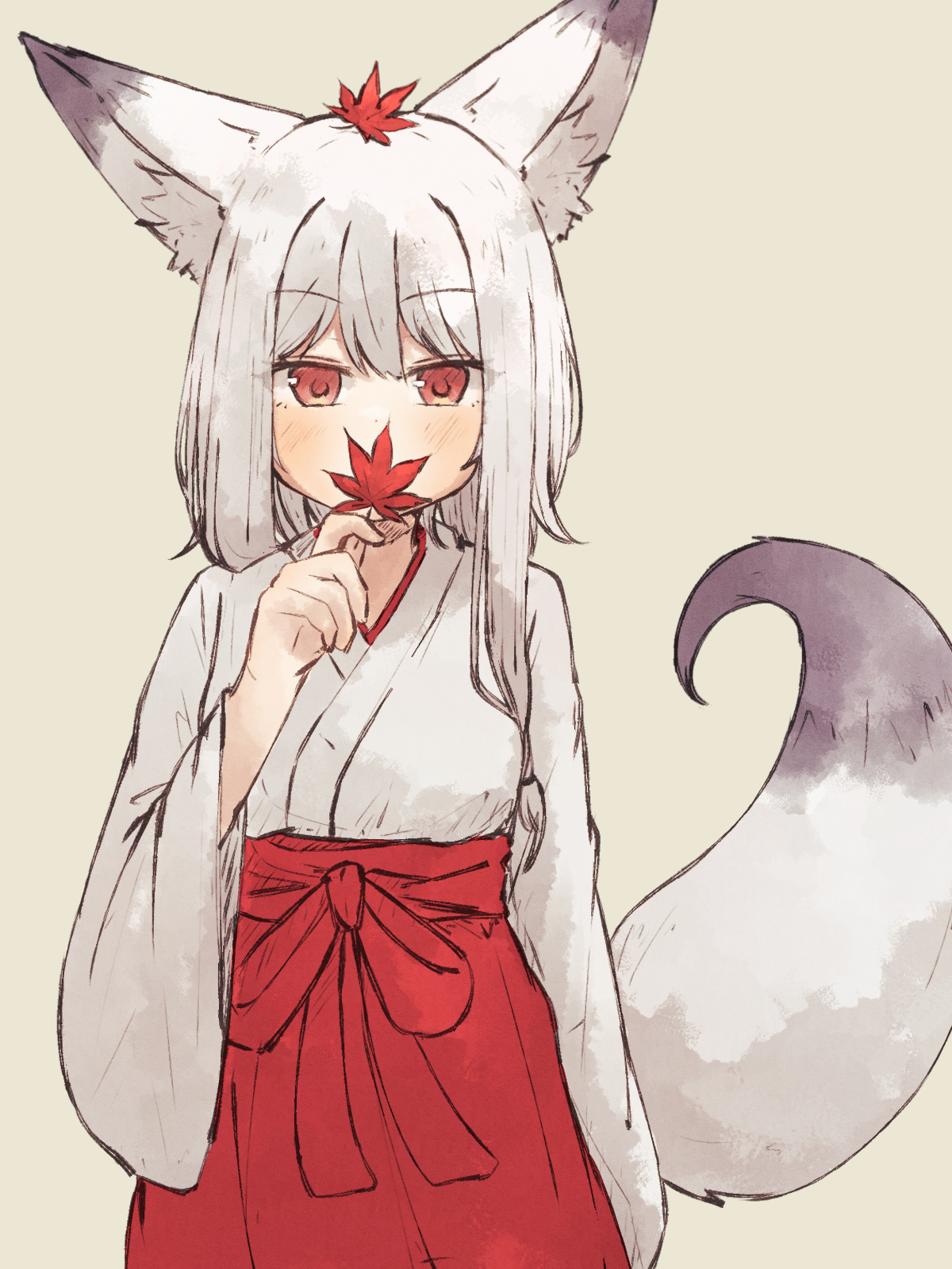 meguru 1225, mayu (meguru 1225), original, commentary, highres, 1girl, animal ears, fox ears, fox girl, fox tail, hakama, holding, holding leaf, japanese clothes, leaf, maple leaf, miko, red eyes, red hakama, simple background, skirt, solo, tail