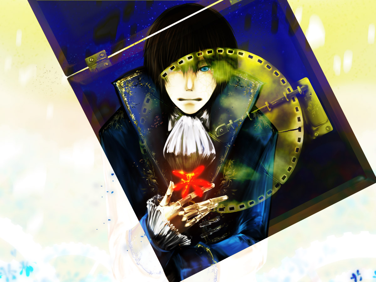 umu, umu (um), kaito (vocaloid), hai wa hai ni (vocaloid), vocaloid, 1boy, black eyes, blue eyes, brown hair, coat, compass, flower, heterochromia, male focus, music box, short hair, solo