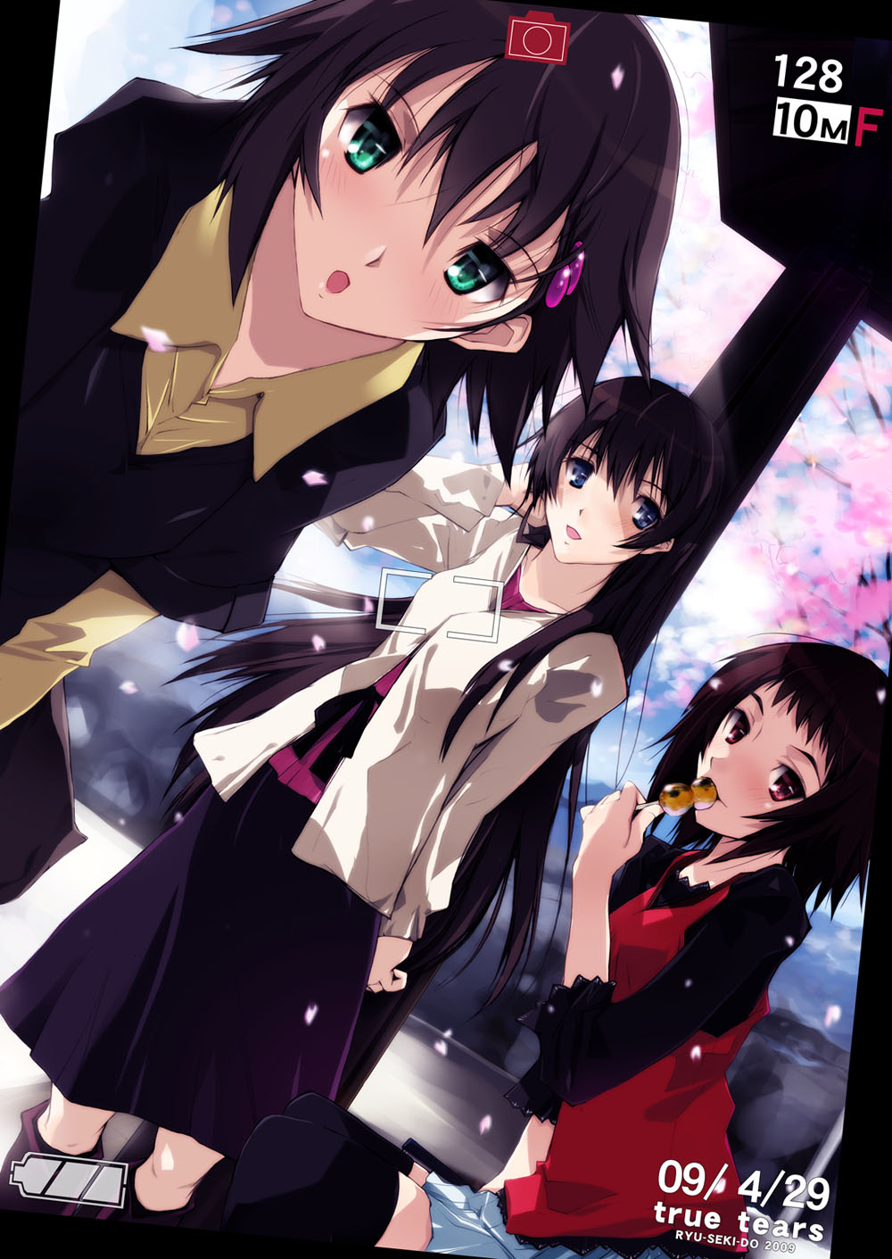 nagare hyougo, andou aiko, isurugi noe, yuasa hiromi, true tears, highres, 00s, 3girls, blue eyes, green eyes, long hair, multiple girls, red eyes