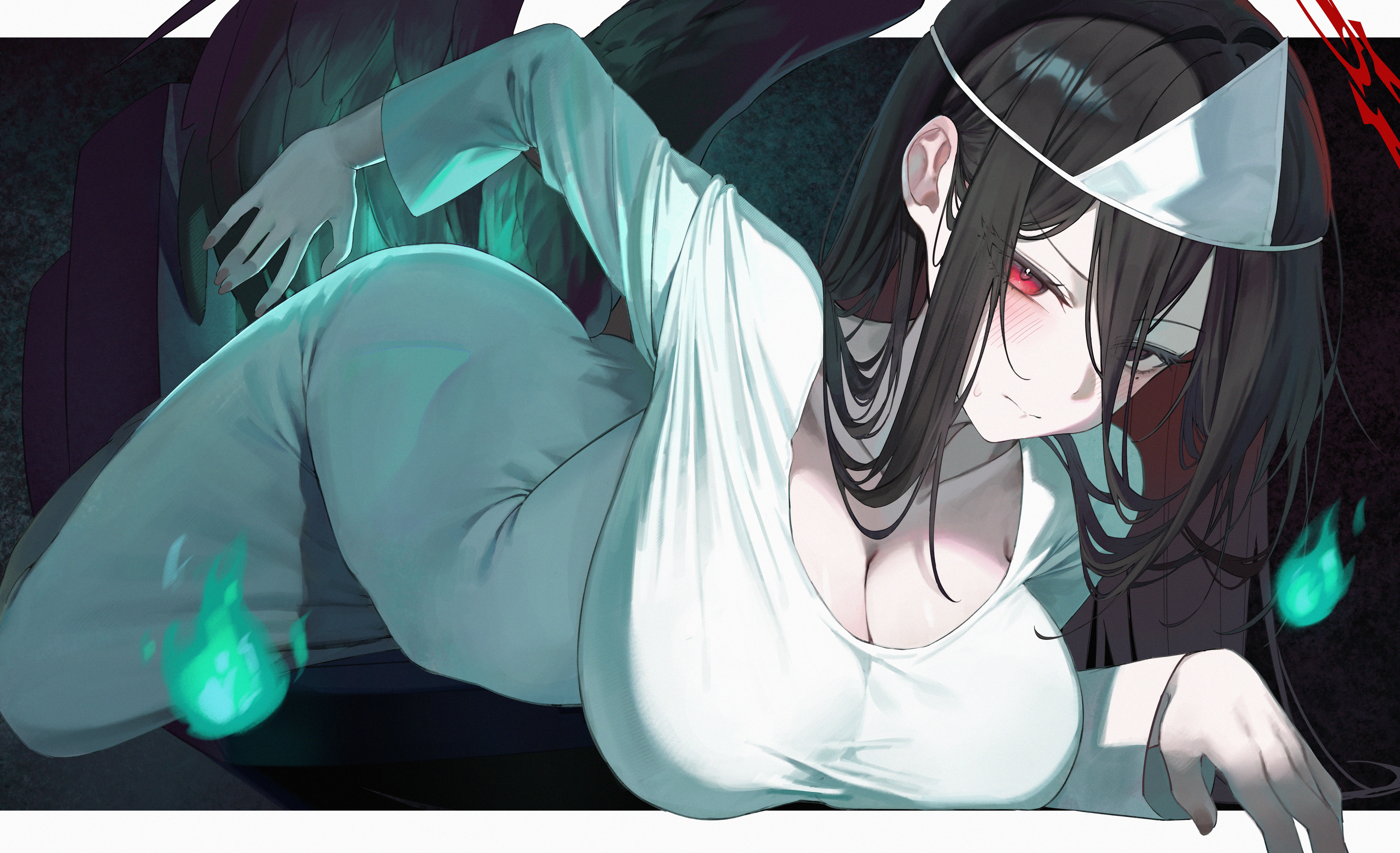 may.l, hasumi (blue archive), blue archive, absurdres, commentary request, highres, 1girl, alternate costume, black wings, border, breasts, cleavage, closed mouth, feathered wings, ghost costume, hair between eyes, halo, large breasts, letterboxed, long hair, long hair between eyes, long sleeves, looking at viewer, low wings, outside border, red halo, solo, triangular headpiece, very long hair, white border, wings