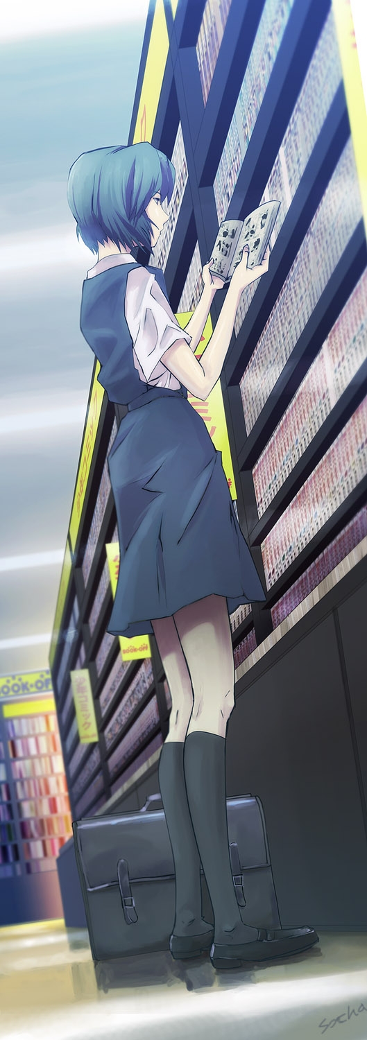 socha, socha (pixiv99744), ayanami rei, neon genesis evangelion, rebuild of evangelion, bad id, bad pixiv id, highres, long image, tall image, 00s, 1girl, bag, blue hair, book, bookstore, briefcase, female focus, full body, holding, indoors, legs, open book, pale skin, reading, red eyes, ribbon, school uniform, serafuku, shop, short hair, skirt, solo, standing