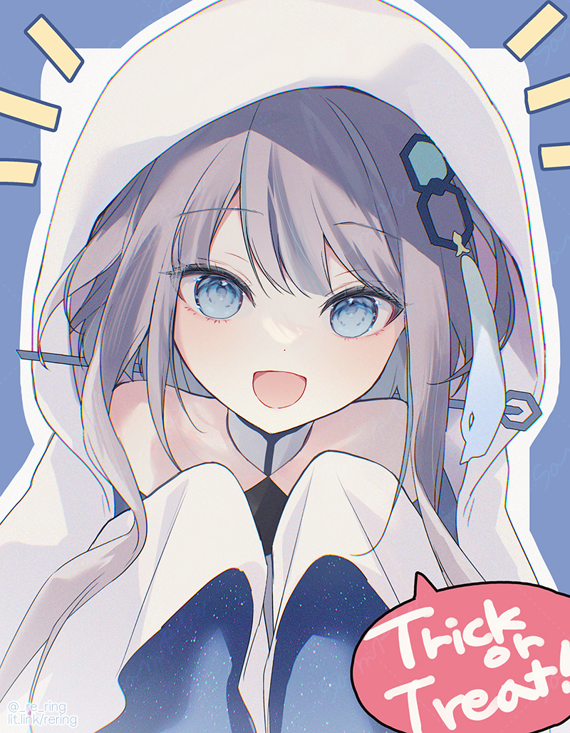 silltare, guizhong (genshin impact), genshin impact, commentary request, 1girl, :d, blanket veil, blue background, blue eyes, chinese hairpin, detached collar, ghost pose, grey hair, hair ornament, hair stick, halloween, hexagon hair ornament, long sidelocks, notice lines, open mouth, outline, portrait, sidelocks, sleeves past fingers, sleeves past wrists, smile, solo, starry sky print, straight-on, trick or treat, two-sided fabric, two-sided sleeves, veil, white outline, white veil