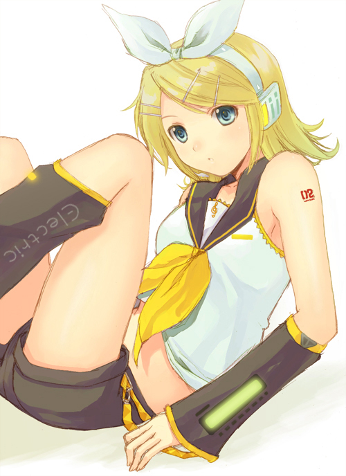 seiru (prairie), kagamine rin, vocaloid, armpits, blonde hair, blue eyes, detached sleeves, hair ornament, hair ribbon, hairclip, midriff, ribbon, sailor collar, short hair, shorts, solo