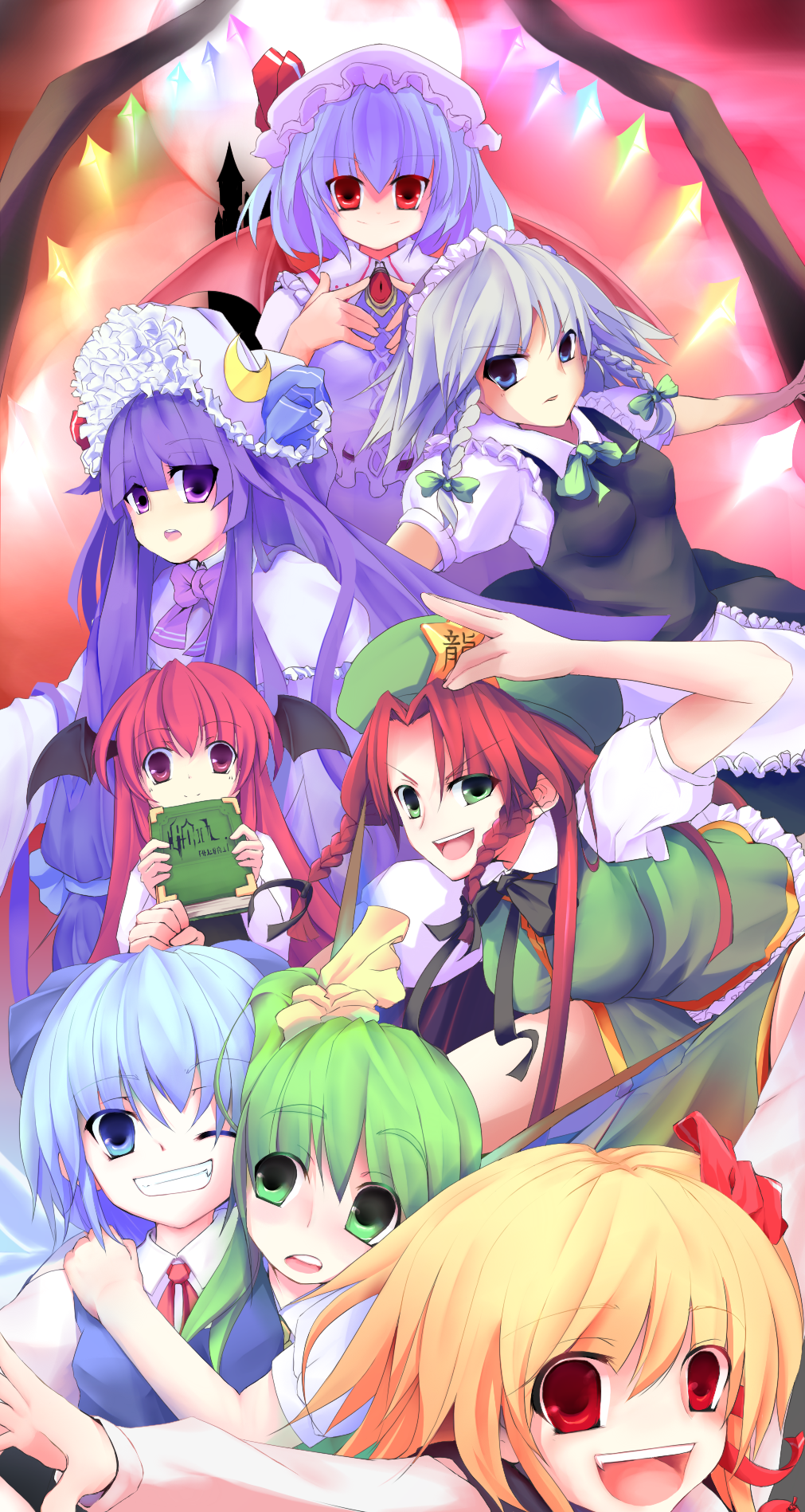 momo (higanbana and girl), cirno, daiyousei, flandre scarlet, hong meiling, izayoi sakuya, koakuma, patchouli knowledge, remilia scarlet, rumia, embodiment of scarlet devil, touhou, silver hair, highres, 6+girls, bat wings, blonde hair, blue eyes, blue hair, book, braid, dress, fang, female focus, gradient background, green eyes, green hair, hair ribbon, hairband, hat, head wings, long hair, maid, multiple girls, one eye closed, purple eyes, purple hair, red eyes, red hair, ribbon, short hair, twin braids, wings, wink