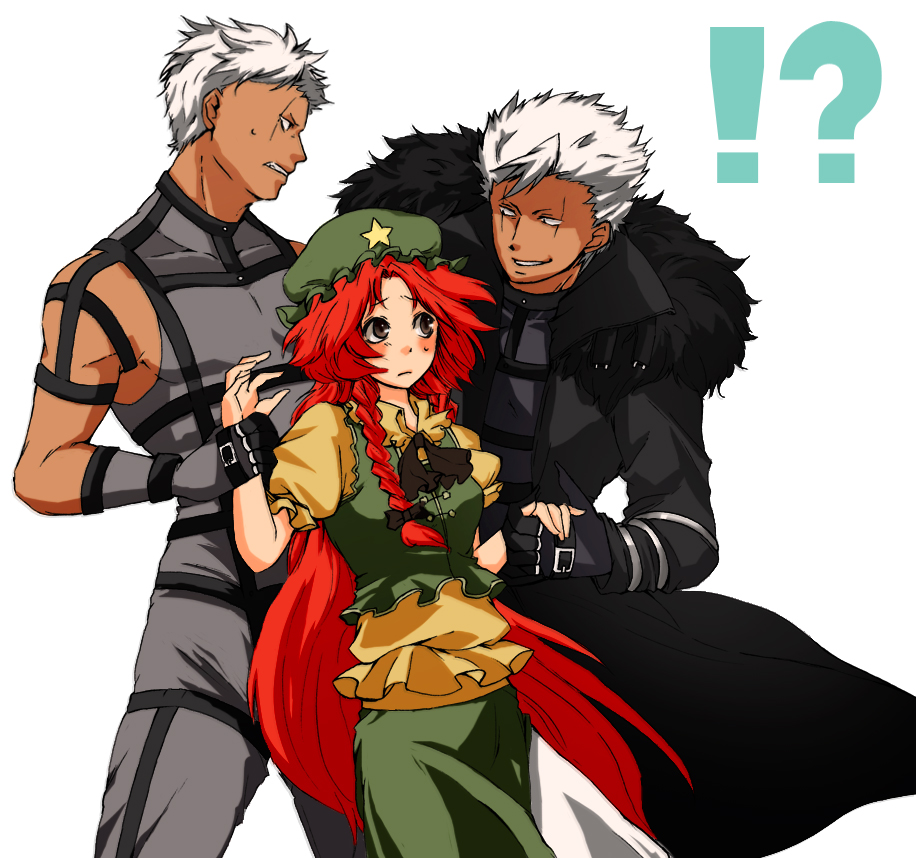 kadotarou, hong meiling, krizalid, m.u.g.e.n, snk, the king of fighters, touhou, bad id, bad pixiv id, !?, 1girl, 2boys, braid, clone, couple, crossover, dark skin, hat, hetero, long hair, multiple boys, red hair, short hair, time paradox, white hair