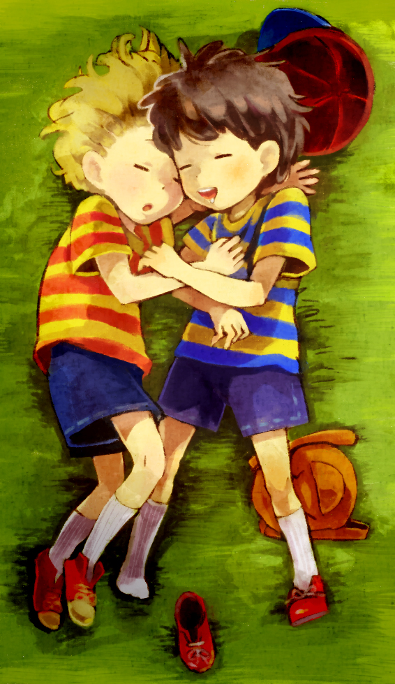 lucas (mother 3), ness (mother 2), mother (series), mother 2, mother 3, nintendo, 2boys, backpack, bag, black hair, blonde hair, child, hat, male focus, multiple boys, randoseru, shoes, single shoe, sleeping