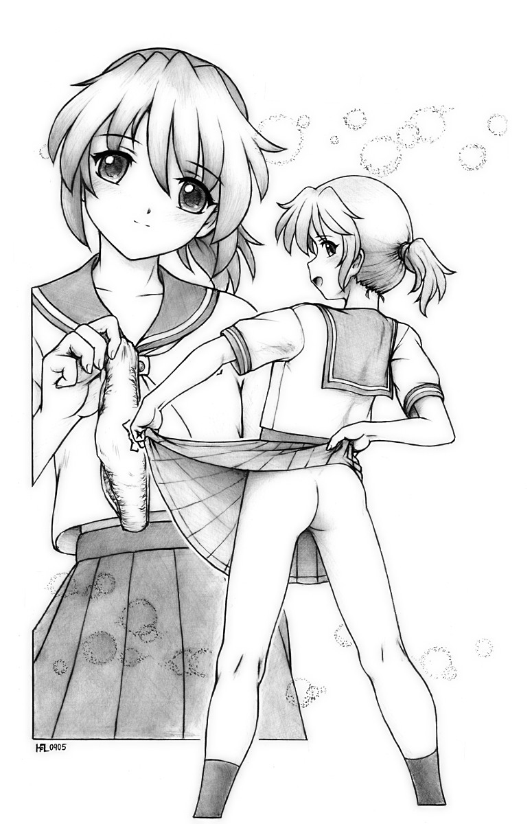 harumachi nagaaki, original, highres, 1girl, ass, clothes lift, greyscale, holding, holding panties, holding underwear, holding unworn clothes, monochrome, no panties, open mouth, panties, ponytail, school uniform, serafuku, short hair, skirt, skirt lift, smile, socks, twintails, underwear, unworn panties, zoom layer