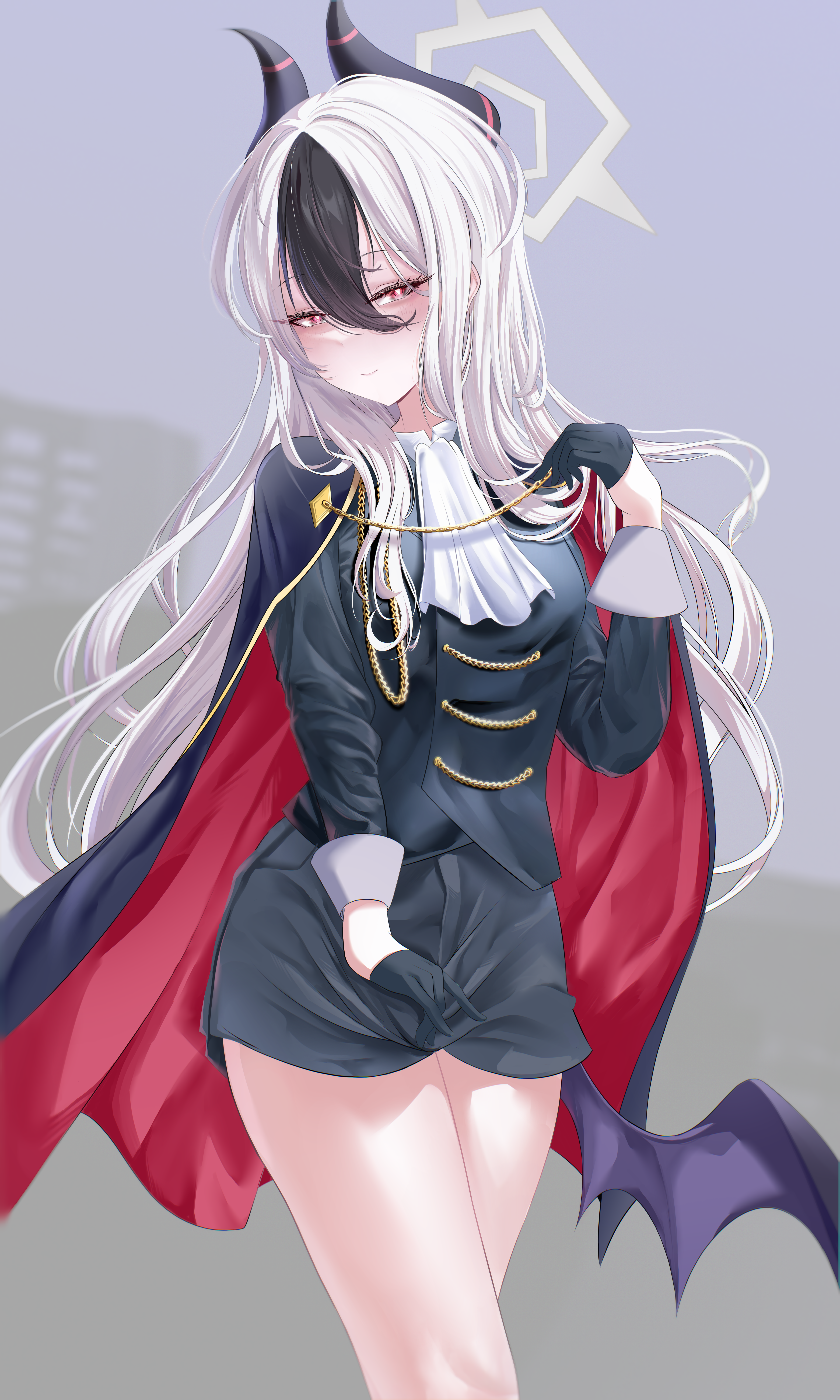 kayoko (blue archive), blue archive, absurdres, highres, 1girl, alternate costume, alternate hairstyle, black gloves, black hair, black jacket, black shorts, blush, cape, closed mouth, demon girl, demon horns, demon wings, gloves, grey halo, hair between eyes, hair down, halo, horns, jacket, long hair, looking at viewer, red cape, red eyes, shorts, sidelocks, smile, solo, teru minasu, white hair, wings