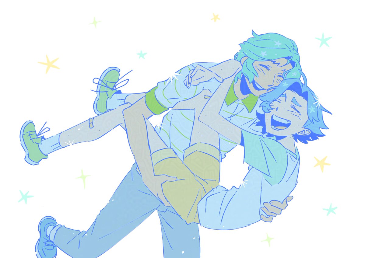 main character (our life), our life: beginnings and always, commentary, hashtag-only commentary, symbol-only commentary, 2boys, 74000000star, blue hair, carrying, carrying person, closed eyes, cove holden, curtained hair, feet up, full body, green hair, grin, hand on another's back, hand on another's leg, knees up, laughing, male focus, multiple boys, muted color, our life, running, shirt, shorts, sidelocks, smile, striped clothes, striped shirt, swept bangs, yaoi