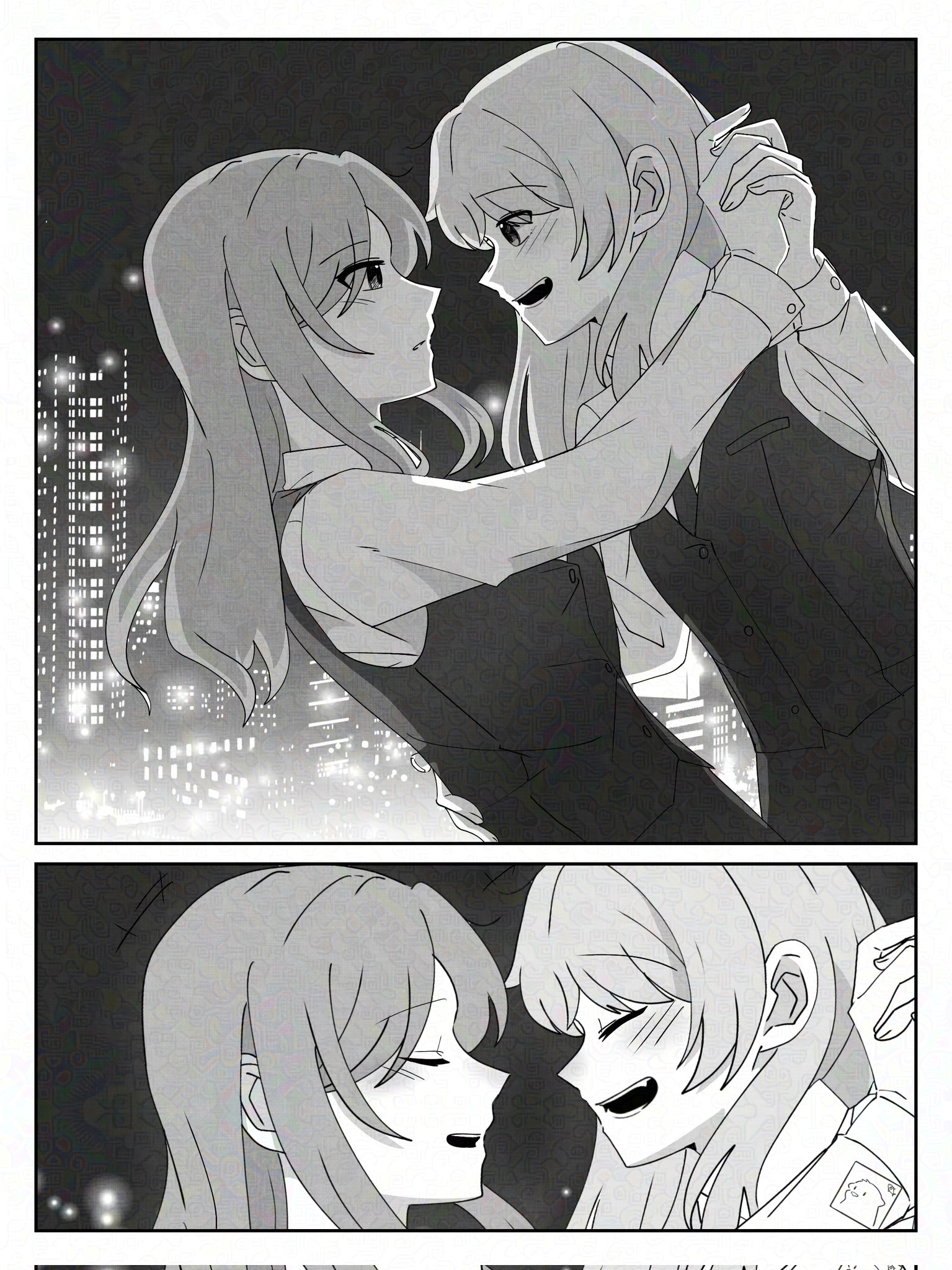 chihaya anon, nagasaki soyo, bang dream!, bang dream! it's mygo!!!!!, commentary, hashtag-only commentary, highres, 2girls, blush, city, closed eyes, collared shirt, dancing, fang, greyscale, hand on another's waist, hiseu 22, holding hands, long hair, monochrome, multiple girls, open mouth, shirt, smile, vest, yuri