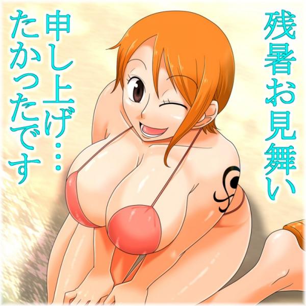 nami (one piece), one piece, bikini, breasts, huge breasts, swimsuit, tattoo, wink