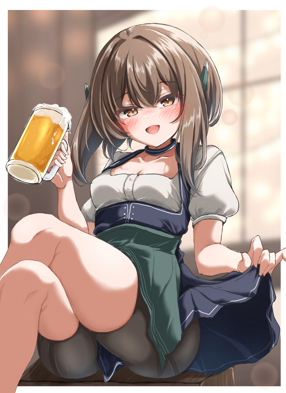 kasashi (kasasi008), taihou (kancolle), kantai collection, highres, 1girl, alcohol, alternate costume, apron, beer, beer mug, bike shorts, bike shorts under skirt, blue dress, bodice, brown eyes, brown hair, cup, dirndl, dress, german clothes, grey apron, headgear, mug, shirt, short hair, short hair with long locks, smile, solo, underbust, waist apron, white shirt