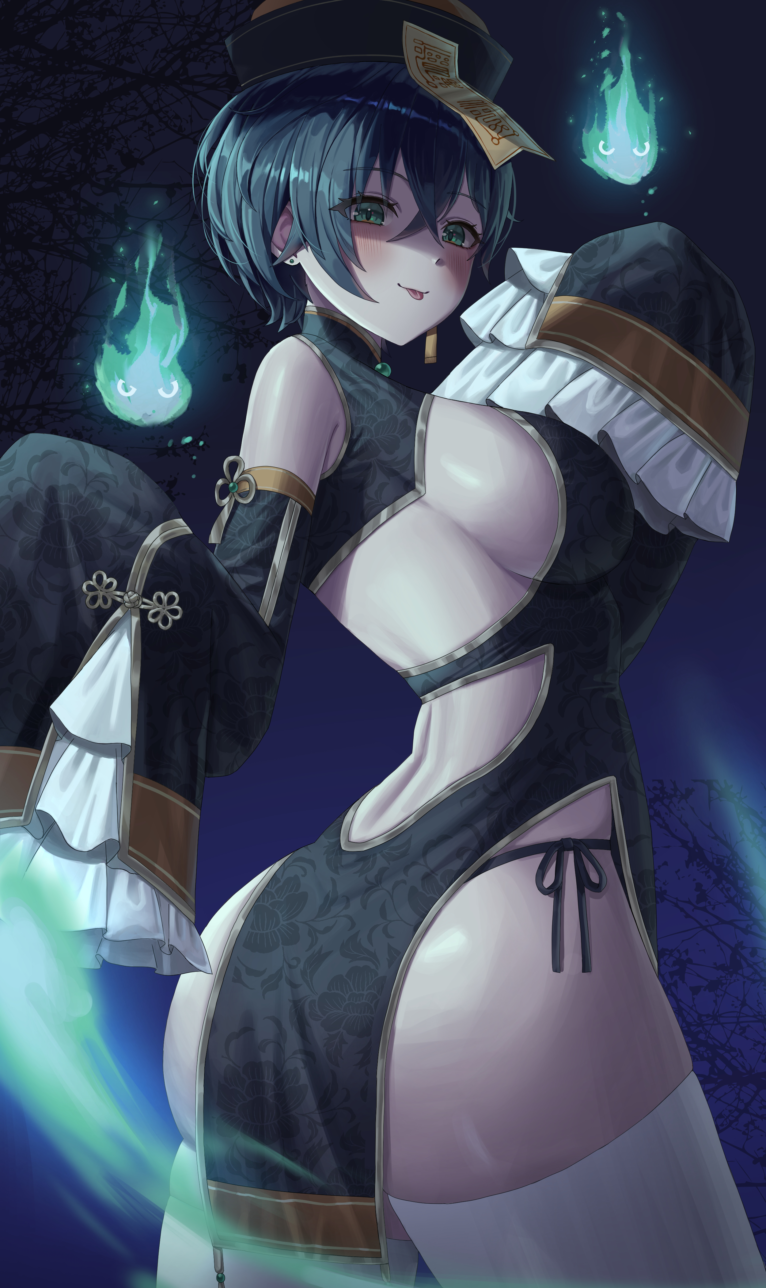 m0 0m c, belle (zenless zone zero), zenless zone zero, absurdres, highres, 1girl, ass, bare shoulders, black dress, black hair, black hat, blush, breasts, china dress, chinese clothes, crossed bangs, dress, earrings, green eyes, hair between eyes, hat, hitodama, jewelry, jiangshi, large breasts, looking at viewer, ofuda, ofuda on head, pelvic curtain, shaded face, short hair, sideboob, sidelocks, sleeves past fingers, sleeves past wrists, solo, stud earrings, thighhighs, tongue, tongue out, white thighhighs