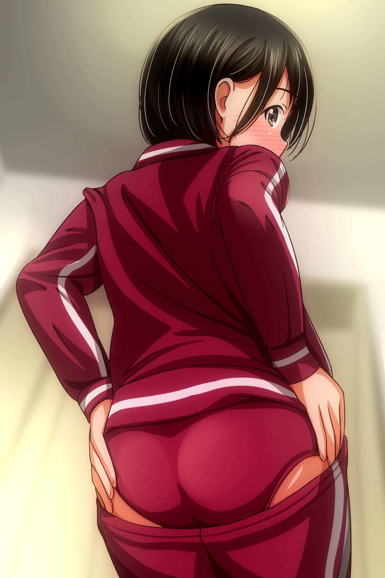 matsunaga kouyou, original, absurdres, commentary request, highres, 1girl, ass, black hair, blurry, blurry background, blush, brown eyes, buruma, clothes pull, hand on own ass, jacket, long sleeves, looking at viewer, looking back, pants, pants pull, red buruma, red jacket, red pants, red track suit, short hair, sidelocks, solo, standing, track pants, track suit
