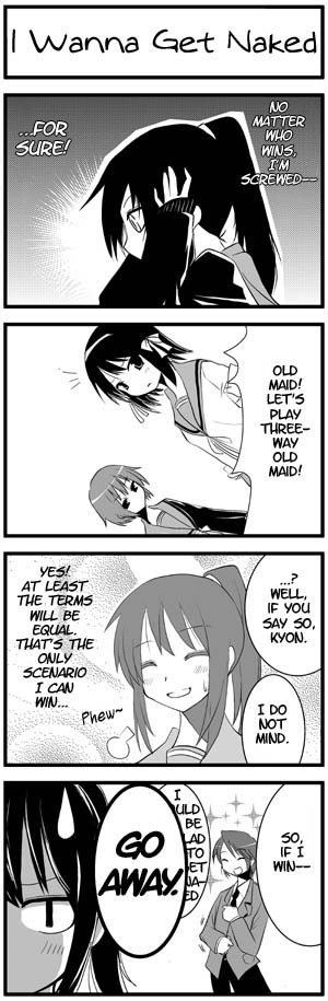 hane (hanegoya), koizumi itsuki, kyonko, nagato yuki, suzumiya haruhi, suzumiya haruhi no yuuutsu, gender request, hard-translated, long image, tall image, third-party edit, translated, 00s, 1boy, 3girls, 4koma, blush, comic, english text, genderswap, greyscale, monochrome, multiple girls, ponytail, school uniform, serafuku