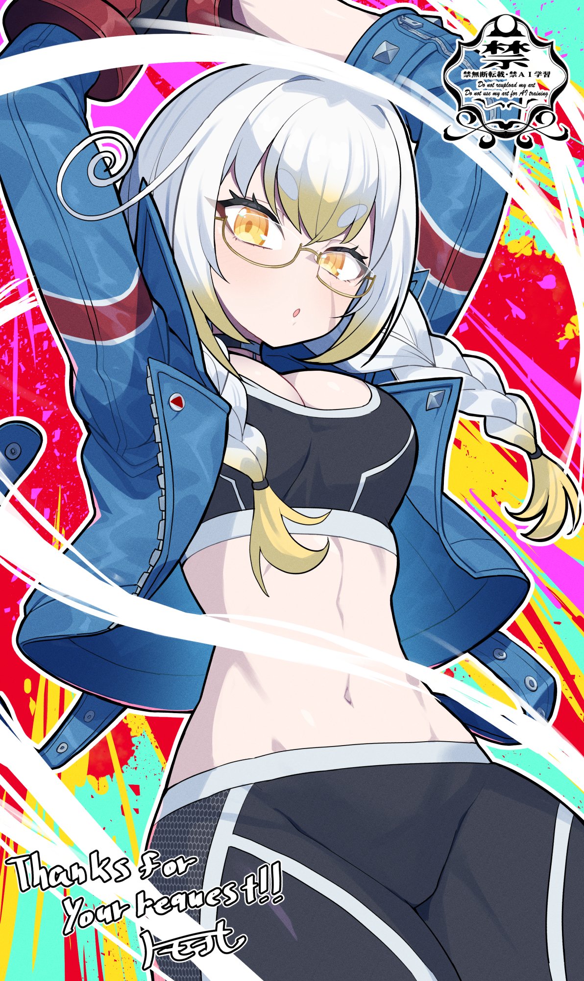 matsumoto tomoyohi, cammy white, kanna yanagi, indie virtual youtuber, street fighter, street fighter 6, commentary request, commission, highres, skeb commission, 1girl, :o, arms up, black pants, black sports bra, blue jacket, braid, breasts, cammy white (cosplay), colorful background, cosplay, cowboy shot, glasses, jacket, kanna yanagi (1st costume), large breasts, long hair, long sleeves, looking at viewer, navel, open clothes, open jacket, pants, parted lips, solo, sports bra, stomach, thick eyebrows, twin braids, virtual youtuber, white hair, yellow eyes