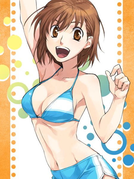 muto's, original, bad id, bad pixiv id, 1girl, arm up, armpits, bare shoulders, bikini, bikini shorts, blue bikini, breasts, brown eyes, brown hair, collarbone, female focus, happy, large breasts, looking at viewer, navel, open mouth, short hair, shorts, smile, solo, swimsuit, teeth