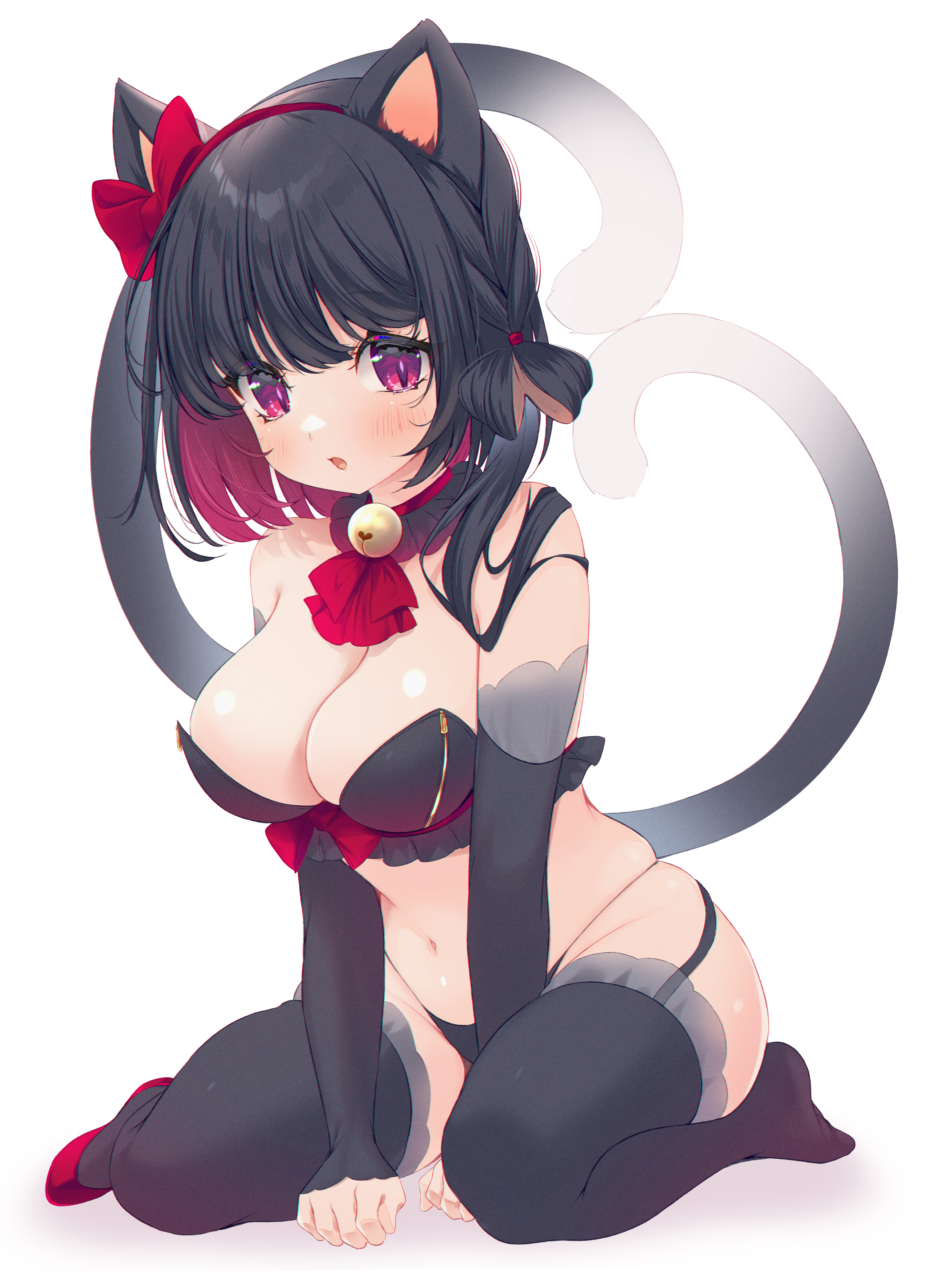 ko yu, original, absurdres, commentary request, highres, 1girl, animal ears, bare shoulders, bell, between legs, black hair, black panties, black sleeves, black thighhighs, bow, breasts, cat ears, cat girl, cat tail, cleavage, detached sleeves, ear bow, full body, garter straps, halloween, hand between legs, jingle bell, large breasts, long sleeves, looking at viewer, multicolored hair, navel, neck bell, nekomata, no shoes, panties, plump, purple eyes, red bow, red hair, red shoes, shadow, shoes, simple background, single shoe, skindentation, sleeves past wrists, solo, tail, thighhighs, two-tone hair, underwear, white background
