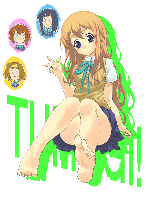 nabeshiki, nabeshiki (rakuneko yashiki), akiyama mio, hirasawa yui, kotobuki tsumugi, tainaka ritsu, k-on!, 00s, 4girls, barefoot, chibi, feet, ho-kago tea time, multiple girls, school uniform