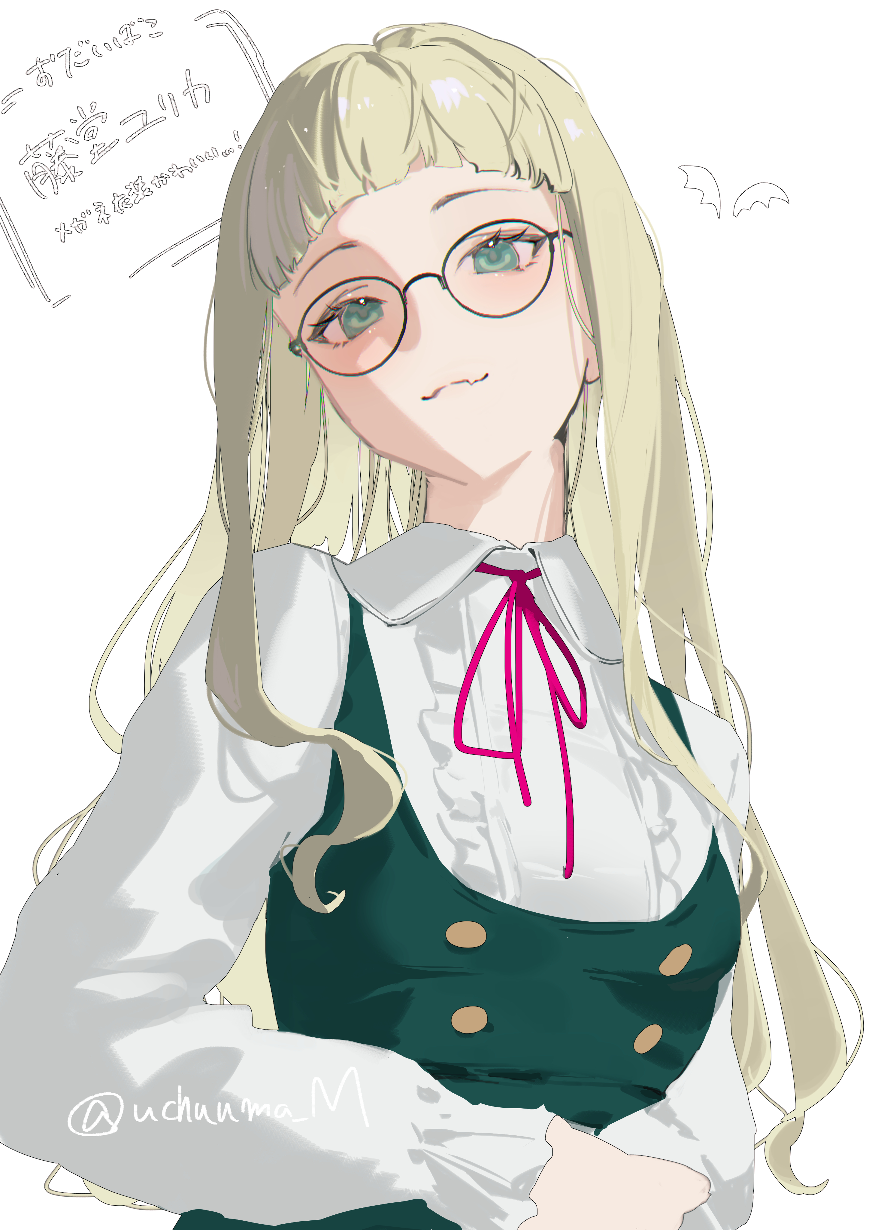 uchuneko m, todo yurika, aikatsu!, aikatsu! (series), absurdres, highres, translation request, 1girl, blonde hair, blunt bangs, breasts, closed mouth, collared shirt, fang, glasses, green eyes, long hair, long sleeves, looking at viewer, neck ribbon, red ribbon, ribbon, shirt, simple background, small breasts, smile, solo, upper body, white background, white shirt