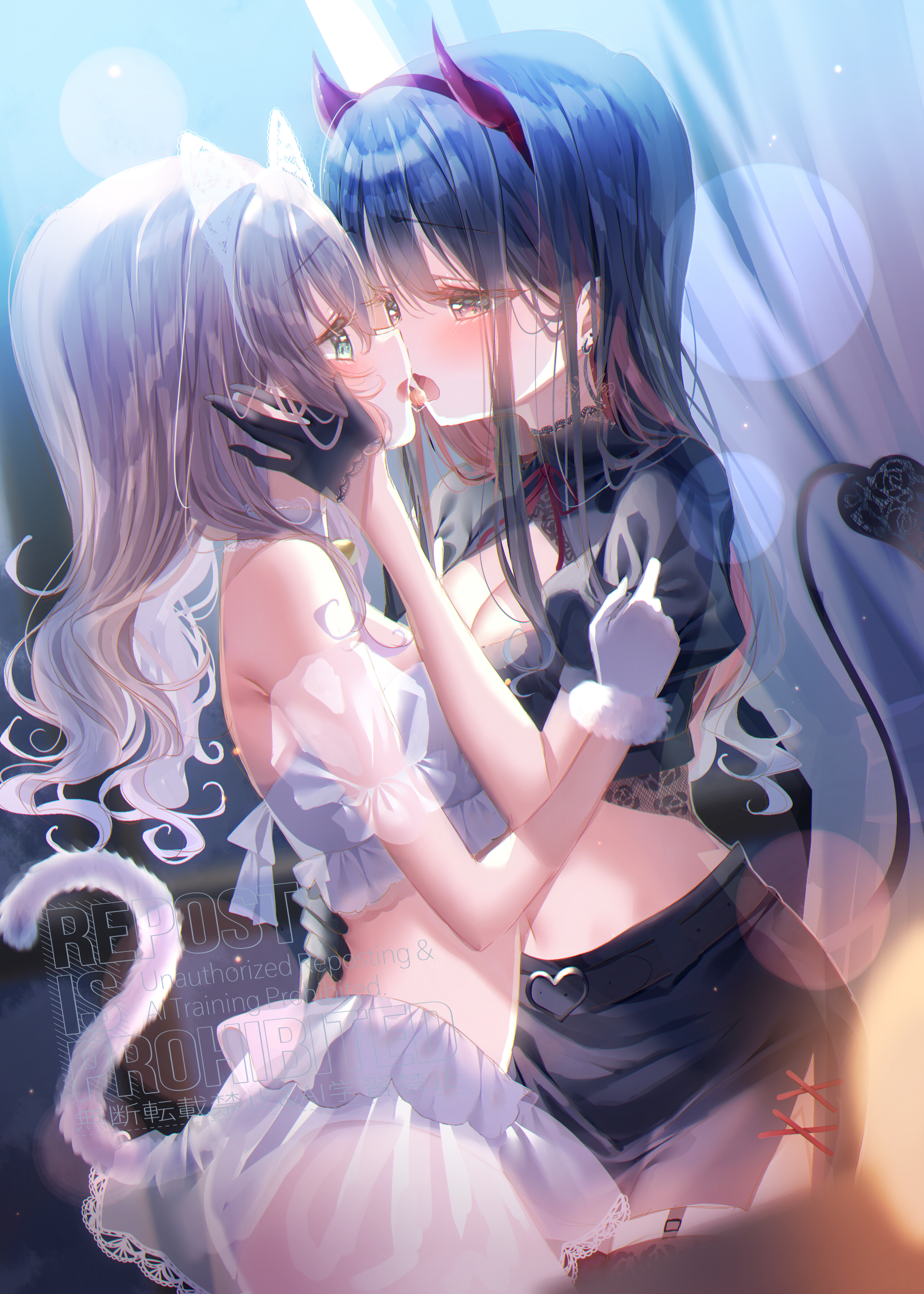 touki matsuri, original, absurdres, commentary request, highres, 2girls, after kiss, animal ear hairband, animal ears, black gloves, black hair, black skirt, breasts, cat ear hairband, cat ears, cat tail, cleavage, crop top, demon horns, demon tail, earrings, eye contact, fake animal ears, fake tail, gloves, green eyes, grey hair, hairband, halloween, hand on another's face, horns, jewelry, large breasts, long hair, looking at another, multiple girls, panties, pink eyes, saliva, saliva trail, see-through clothes, see-through skirt, shirt, skirt, tail, underwear, white gloves, white panties, white shirt, yuri