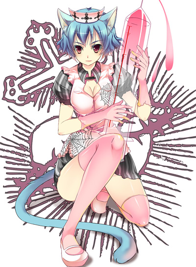 ta kaana, original, 1girl, animal ears, blue hair, breasts, cat ears, cat girl, cat tail, cleavage, cleavage cutout, clothing cutout, female focus, kneeling, nurse, pink thighhighs, red eyes, short hair, silk, solo, spider web, syringe, tail, thighhighs