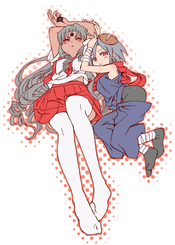 kanami yuu, visbou, vista-tan, vistake, os-tan, bad id, bad pixiv id, 2girls, :<, bare shoulders, dark-skinned female, dark skin, feet, foreshortening, legs, multiple girls, necktie, ninja, red eyes, scarf, skirt, thighhighs, zettai ryouiki