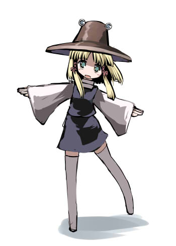 gatau, moriya suwako, touhou, lowres, 1girl, blonde hair, female focus, full body, hat, solo, thighhighs, zettai ryouiki
