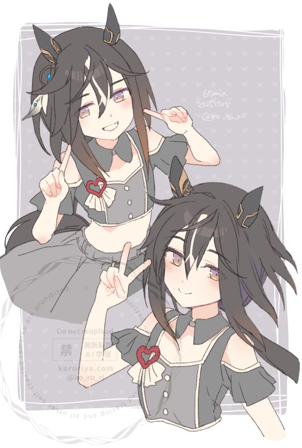 koruri, stay gold (umamusume), umamusume, commentary request, 1girl, animal ears, black hair, black shirt, blush, breasts, brown eyes, closed mouth, clothing cutout, cropped shirt, detached collar, ear covers, gradient eyes, grey shirt, grey skirt, grin, hair between eyes, horse ears, horse girl, horse tail, long hair, meni shuki rush-sshu!, midriff, multicolored eyes, multicolored hair, open mouth, ponytail, purple eyes, shirt, shoulder cutout, skirt, small breasts, smile, solo, streaked hair, tail, v, white hair