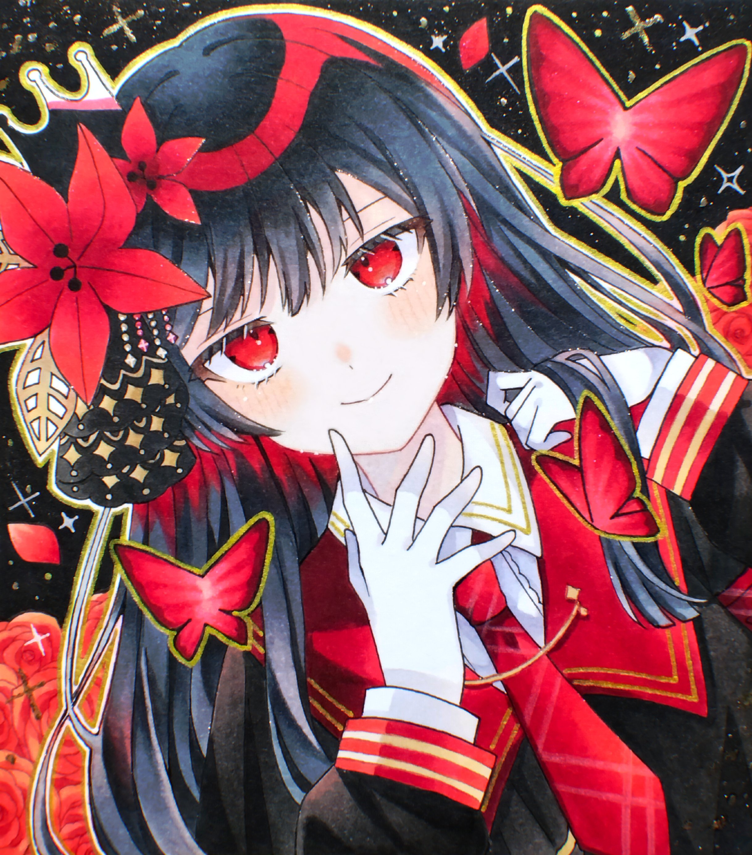 nikaido hiro, mahou shoujo no majo saiban, absurdres, highres, traditional media, 1girl, akatsuki nea, black background, black hair, bug, butterfly, closed mouth, crown, dutch angle, flower, gloves, hair flower, hair ornament, hands up, insect, long hair, long sleeves, looking at viewer, necktie, outline, petals, red butterfly, red eyes, red flower, red necktie, smile, solo, sparkle, upper body, white gloves, white outline