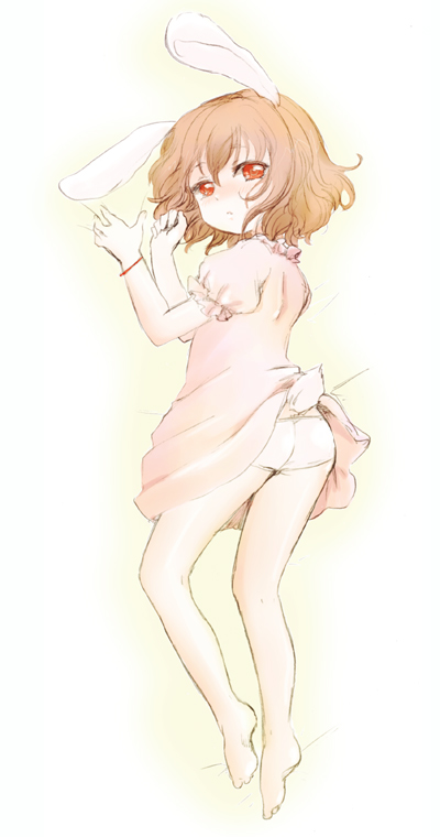 ica, inaba tewi, touhou, duplicate, 1girl, animal ears, ass, barefoot, blush, brown hair, female focus, gradient background, legs, lying, orange eyes, panties, rabbit ears, rabbit tail, short hair, solo, tail, underwear, white panties