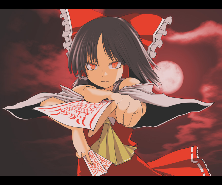 hane (hanegoya), hakurei reimu, touhou, 1girl, black hair, cloud, detached sleeves, female focus, foreshortening, full moon, gradient background, japanese clothes, letterboxed, miko, moon, night, night sky, ofuda, outdoors, red eyes, red moon, sky, slit pupils, solo, wide sleeves