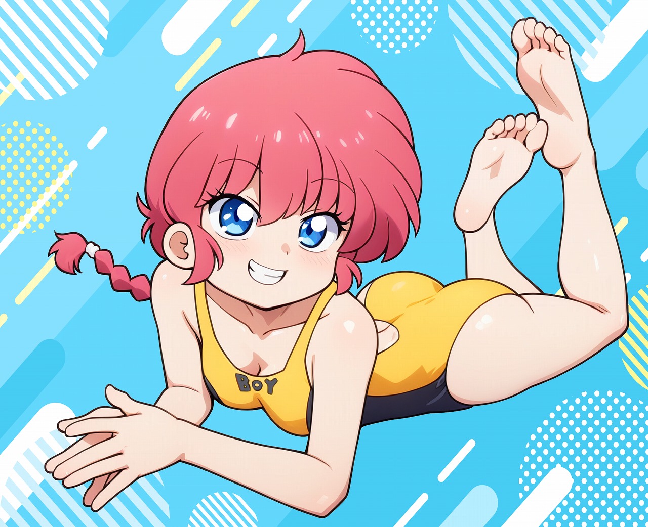 odochi (1or8), ranma-chan, ranma 1/2, 1girl, backless swimsuit, barefoot, blue eyes, braid, braided ponytail, breasts, cleavage, clothes writing, full body, grin, legs up, long hair, lying, medium breasts, on stomach, one-piece swimsuit, red hair, single braid, smile, solo, swimsuit, yellow one-piece swimsuit
