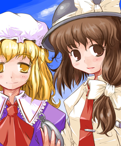 kanoe soushi, maribel hearn, usami renko, ghostly field club, touhou, 2girls, blonde hair, brown eyes, brown hair, female focus, multiple girls, pocket watch, watch, yellow eyes
