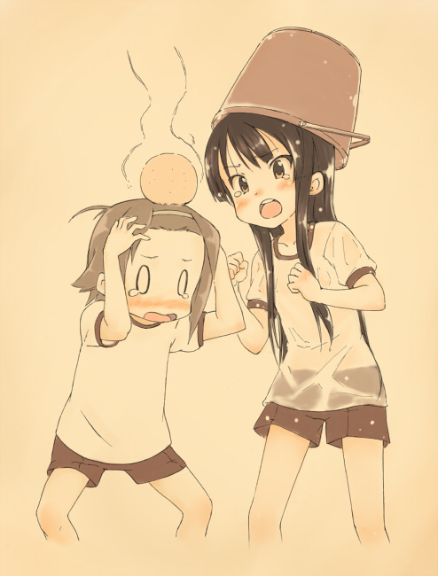hamao, akiyama mio, tainaka ritsu, k-on!, 00s, 0 0, 2girls, angry, blush, bucket, female focus, forehead, gym uniform, hands on own head, head bump, injury, monochrome, multiple girls, o o, open mouth, see-through clothes, sepia, shirt, shorts, teardrop, tears, tomboy, wet, wet clothes, wet shirt