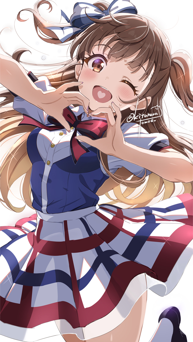 kitahara tomoe (kitahara koubou), tamaki kyouka, shine post, highres, 1girl, black shoes, bow, bowtie, brown eyes, brown hair, hair bow, heart, heart hands, heart in mouth, idol clothes, long hair, looking at viewer, one eye closed, open mouth, plaid clothes, plaid skirt, red bow, red bowtie, shirt, shoes, signature, skirt, smile, socks, solo, sweatdrop, two side up, white background, white shirt, white socks