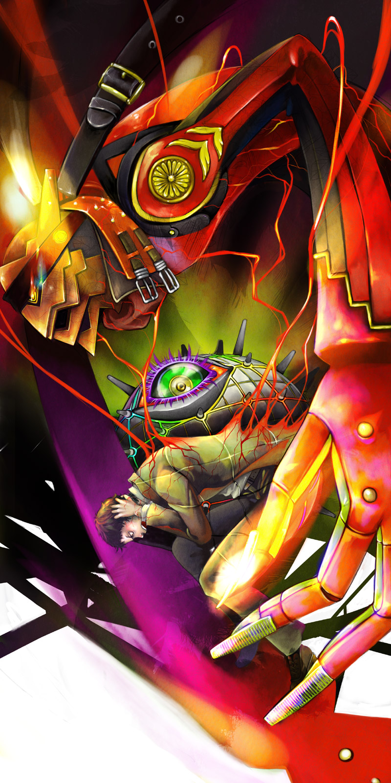 yoshii kyoko, adachi tooru, ameno sagiri (persona), magatsu izanagi, atlus, persona, persona 4, brown footwear, turret, highres, spoilers, 1boy, belt, black pants, brown eyes, brown hair, colored sclera, covering own ears, from side, full body, glowing, glowing eye, green jacket, green sclera, jacket, long sleeves, looking down, male focus, mask, monster, one-eyed, open clothes, open jacket, open mouth, pants, profile, shirt, shoes, white shirt, yellow eyes